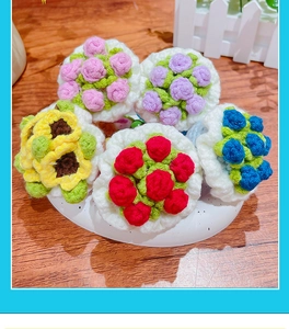 Macro detail of five colorful handmade crochet flower bouquets on a white ceramic tray
