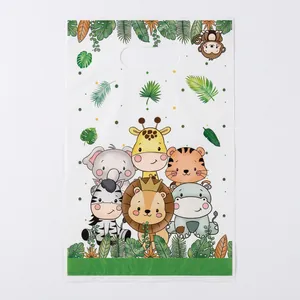Close-up of zoo animal plastic gift bag with cartoon lion, giraffe, and handle