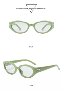 Detail view of avocado green cat-eye sunglasses with three-point rivets and metal cut-outs