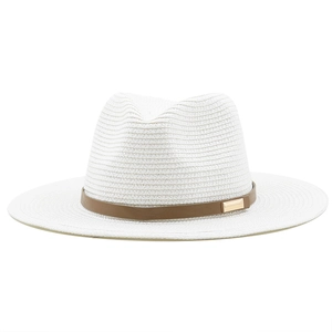 Detail of white straw fedora with brown leather band and gold buckle on plain background