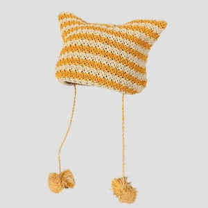 Women Cute Striped Knitted Beanie Hat With Ears And Pompom Tassels Handmade Milk Silk Crocheted Elf Hat Striped Hat For Summer