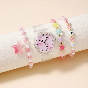 Orologio per bambini con fenicottero, cinturino trasparente e tre braccialetti di perle