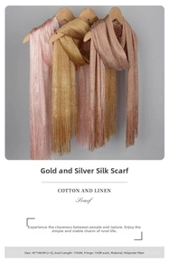 Detailed view of lightweight metallic polyester scarves featuring delicate fringed tassels