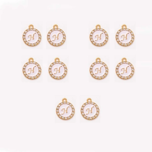 Set of 10 pink enamel round charms with crystal rhinestone border and gold H initial