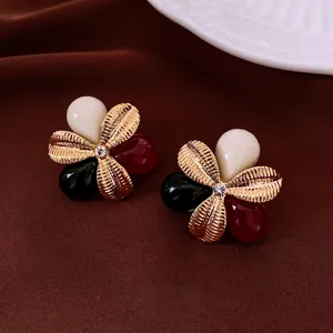 Vintage floral stud earrings with tricolor enamel petals and sparkling zircon center