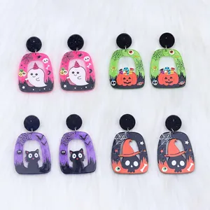 Halloween acrylic earrings set featuring ghosts pumpkins cats and skull charms on fur backdrop