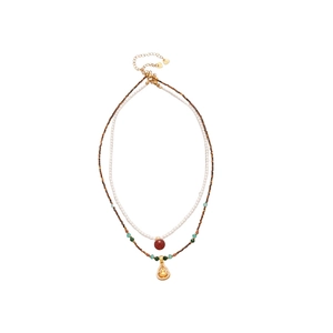 Ethnic double-layer necklace set with golden hollow gourd pendant and red beads