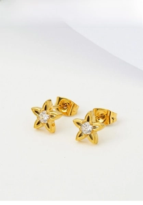 Macro detail of gold titanium steel star stud earrings with central zircon stone
