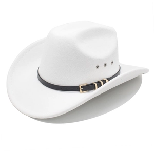 Detail of white felt cowboy hat with metal air eyelets and black leather belt strap