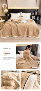 Detailed view of caramel carved velvet blanket with textured diamond pattern and white edging