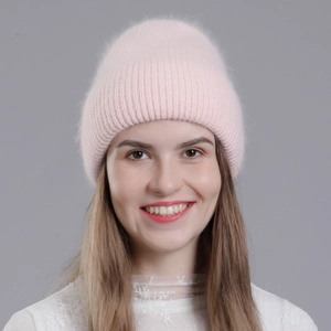 Women's pink rabbit fur knit hat with warm ear protection for autumn and winter