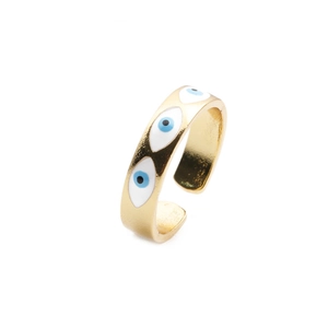 Anello aperto dorato con motivo malocchio in smalto blu e bianco per donne alla moda