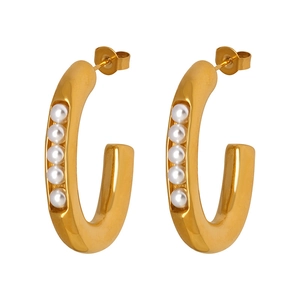 French vintage gold-plated C-shaped titanium hoop earrings with inset white pearls