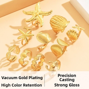 Macro view of ocean themed starfish and seashell rings with gold vacuum plating
