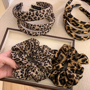Vintage leopard print scrunchie and headband set for women, stylish handmade hair accessories