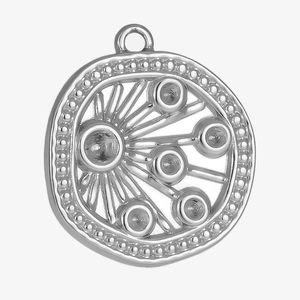 Detail of 304 stainless steel irregular round pendant with radial lines and beaded edges