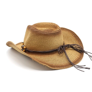 Brown woven cowboy straw hat with colorful wooden beads and wide brim for sun protection