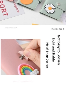 Close-up of the metal snap fastener on a textured faux leather card holder with cute patches