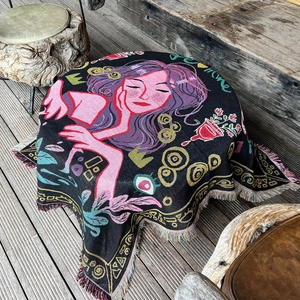 Bohemian woven cotton blanket featuring a purple-haired woman illustration with fringes