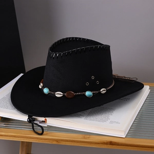 Detail of black wide brim felt hat featuring turquoise beads and shell woven band