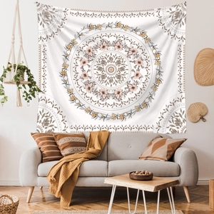 Bohemian floral mandala tapestry in off-white for modern living room wall decoration