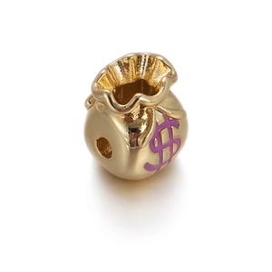 Macro di una perla a sacchetto d'oro con segno del dollaro per braccialetti fai-da-te