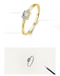 Macro shot of S925 sterling silver ring featuring a step-cut zircon and design sketch