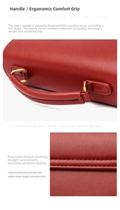 Close-up of red textured leather handbag featuring reinforced stitching and round handle