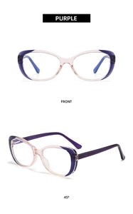 Detail view of purple and pink cat-eye glasses frame with front and 45-degree angles