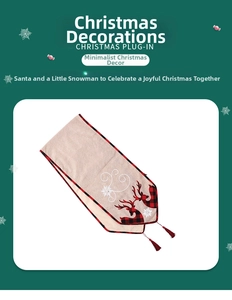 Detail of Christmas table runner with reindeer embroidery and festive red tassels