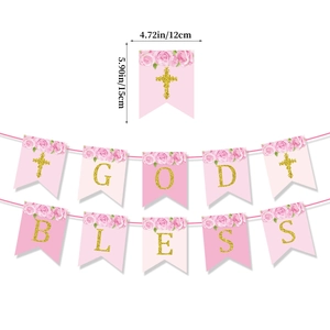 Pink God Bless banner with gold glitter crosses and roses for baby baptism parties