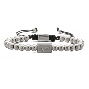 Braided rope bracelet for men with stainless steel moon and star engraved charm bead