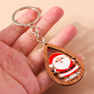 Porte-clés en bois en forme de goutte avec pendentif Père Noël style dessin animé