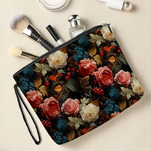 Floral Pattern Linen Makeup Bag Portable Cosmetic Pouch With Zipper And Wristlet For Travel Women Large Capacity