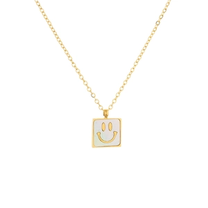 Elegant white mother-of-pearl square necklace with a golden smiley face pendant