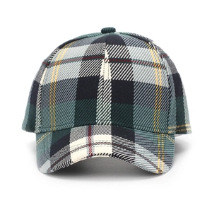 Classic plaid baseball hat with green and navy checkered pattern and pre-curved brim
