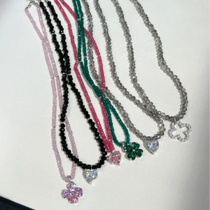 S925 sterling silver crystal beaded necklaces with heart and clover pendants