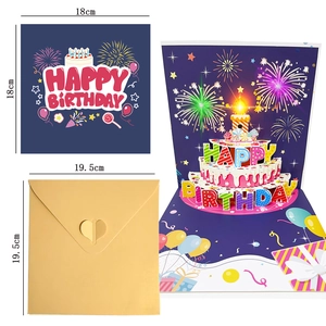 3D musical birthday card with LED cake and fireworks effect plus a golden envelope