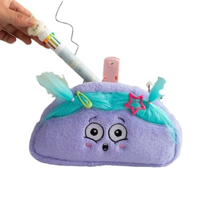 Funny purple plush pencil case with cute cartoon face and large capacity storage