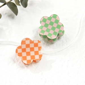 Mini pinces à cheveux à fleurs avec motif damier en orange-blanc et vert-rose