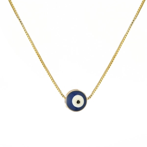 Golden box chain necklace featuring a blue evil eye amulet pendant on a white background