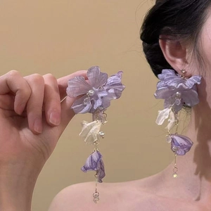Orecchini Pendenti Con Fiori In Tessuto Viola Con Künstliche Perle Sintetiche E Perno In Argento Sterling 925 Lunghe Frange Stile Vacanza