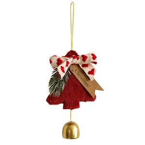 Plush red Christmas tree ornament with bell, bow and pine needles on white background