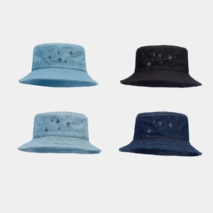 Denim Bucket Hat Rhinestone Star Pattern Cotton Blend Flat Top Sun Protection Fashion Retro Streetwear For Women Men