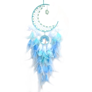 Handmade crescent moon dream catcher with life tree design and blue white feathers