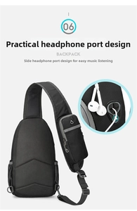 Detail of men's nylon chest bag showing breathable mesh back and rubber earphone port