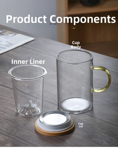 Detailed view of the glass tea infuser set with a green handle and bamboo wood lid
