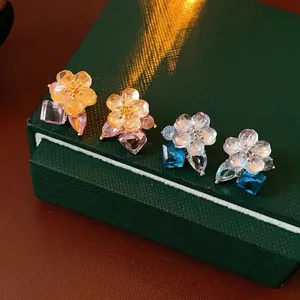 Flower Stud Earrings With Silver Earring Post Alloy Glass Zircon Sweet Elegant Floral Jewelry For Women