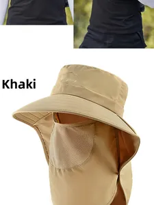 Detail of khaki sun hat with breathable mesh face mask and neck flap protection