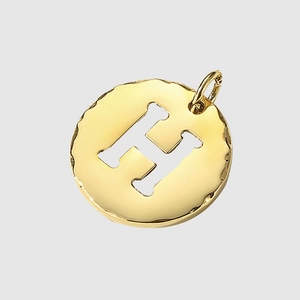 Polished gold circular stainless steel pendant with hollow letter H design
